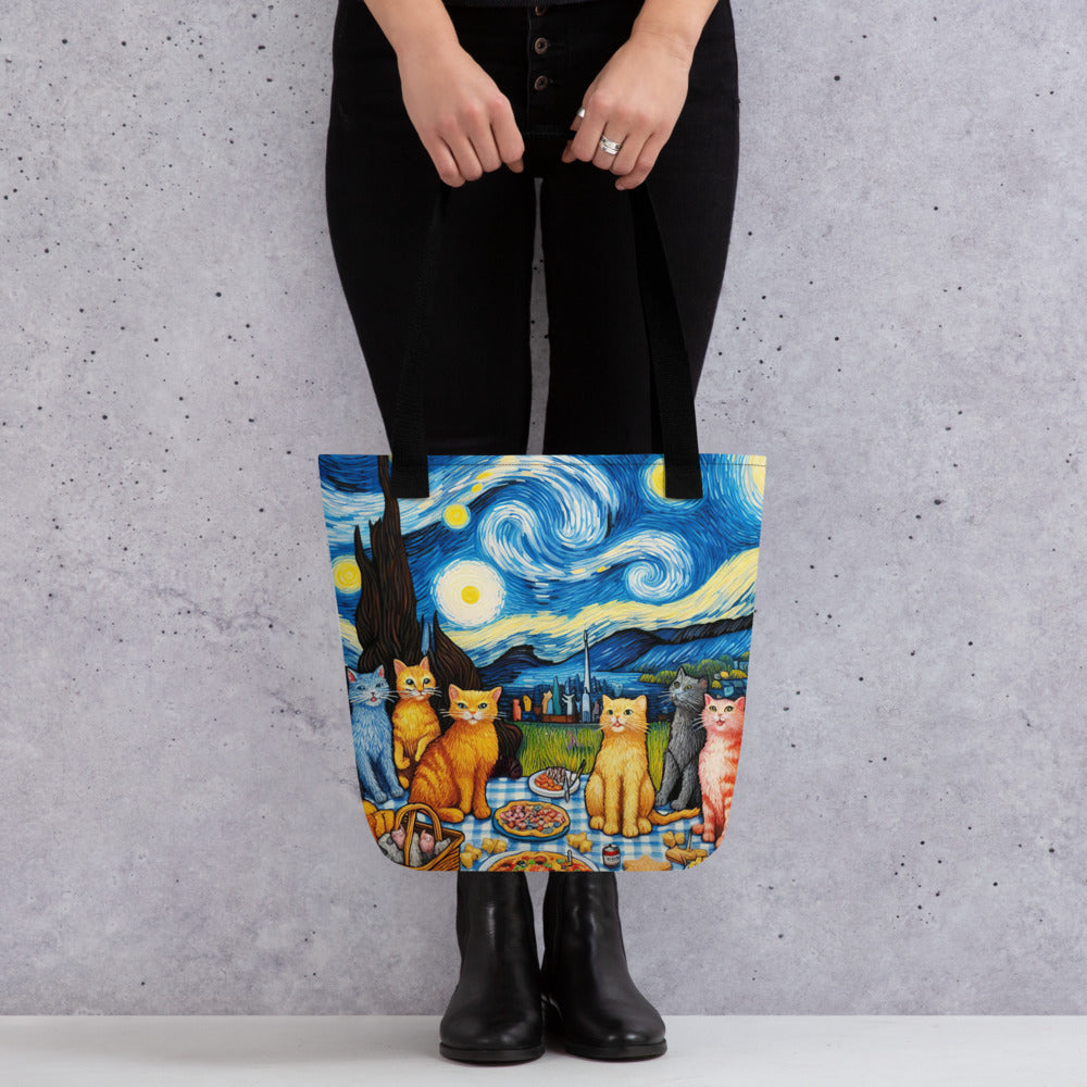 Cat Garden Party on a Starry Night Tote Bag